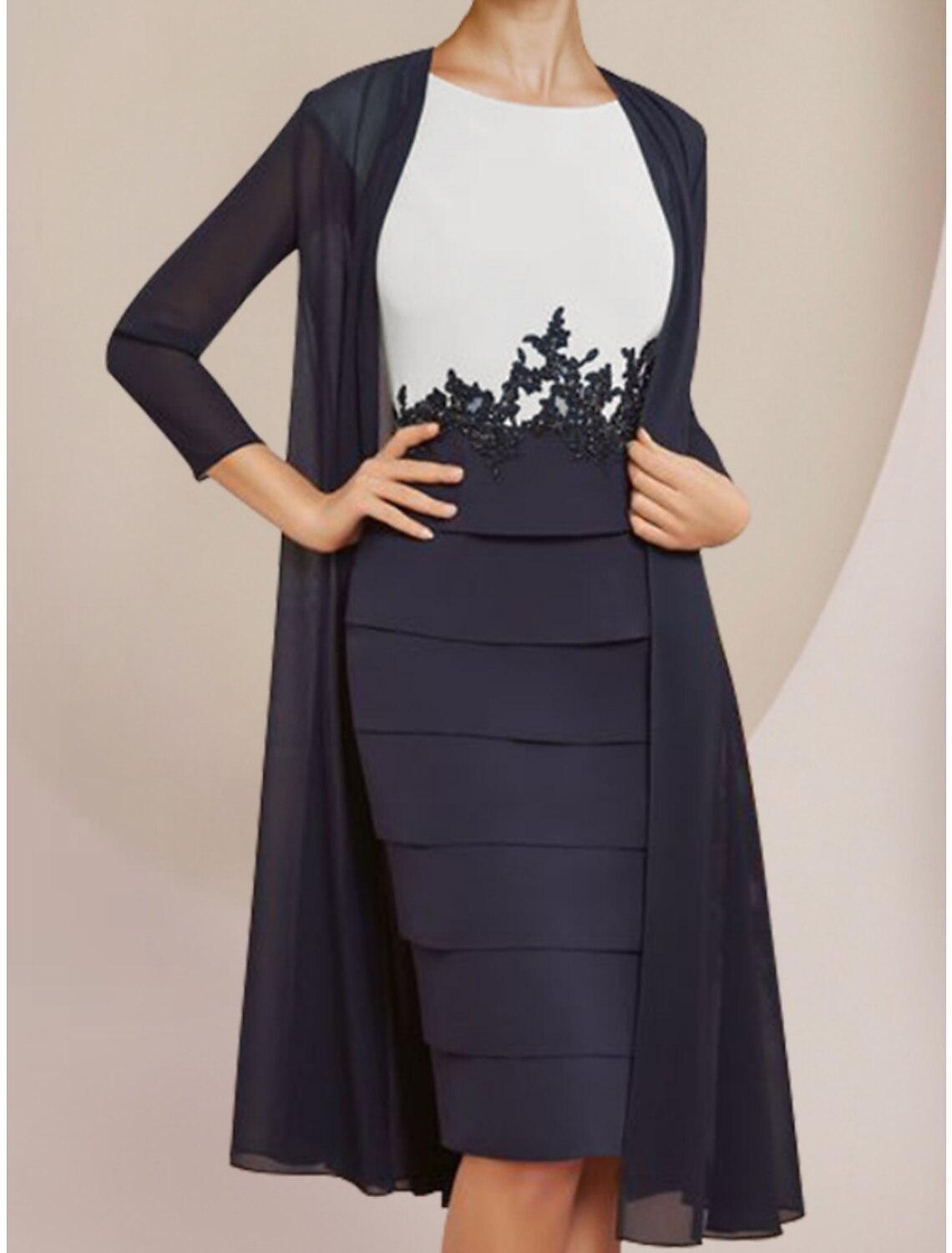 Luolandi Two Piece Sheath / Column Mother of the Bride Dress Wedding Guest Elegant Petite Scoop Neck Knee Length Chiffon Lace Long Sleeve